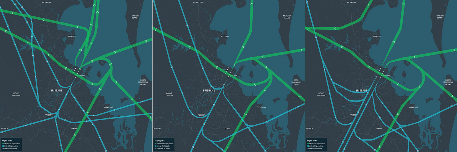 Flight paths for northerly winds: Current | Interim | New