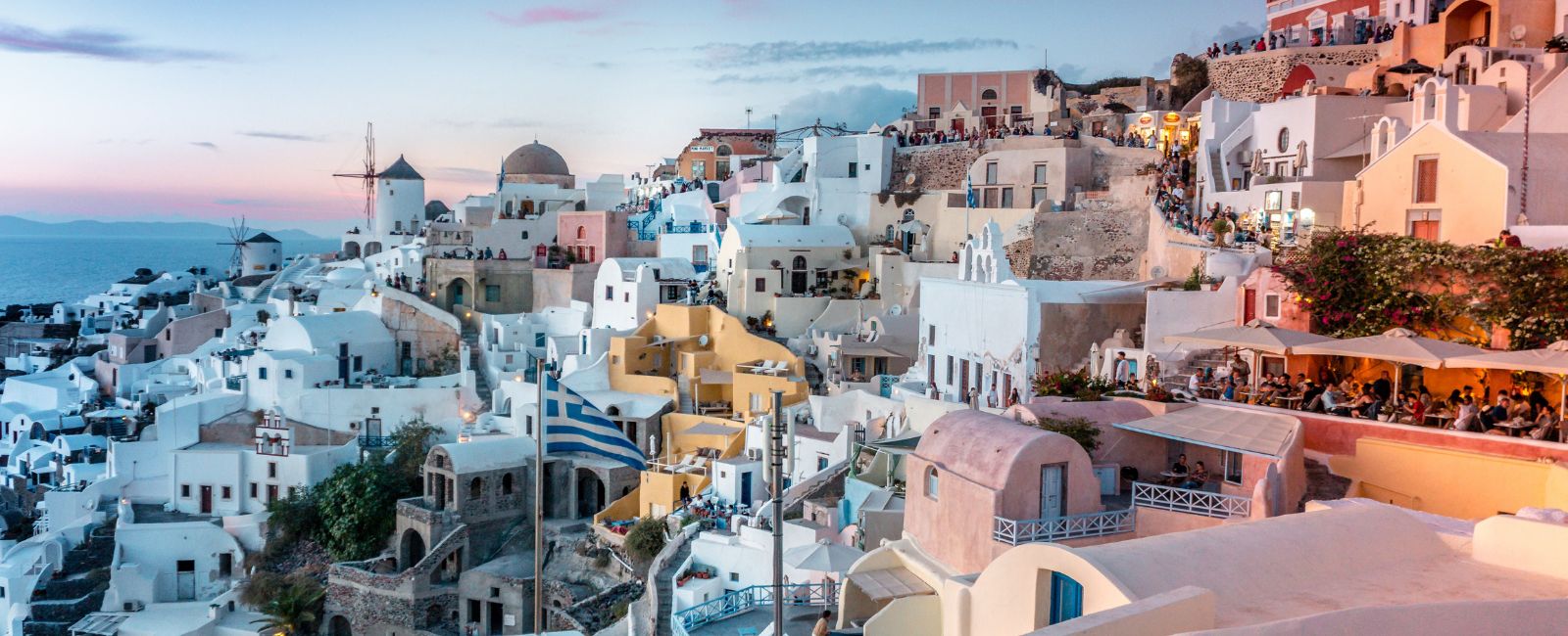 Town of Santorini, Greece at sunset. 